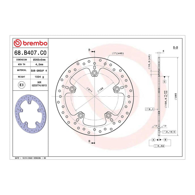 Brembo Prime Serie Oro Rear Brake Disc 68B407C0