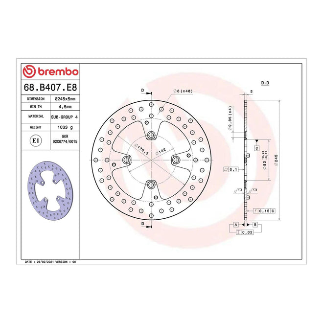 Brembo Prime Serie Oro Rear Brake Disc 68B407E8