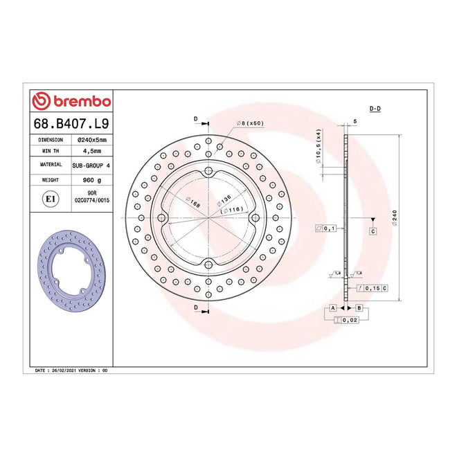 Brembo Prime Serie Oro Rear Brake Disc 68B407L9