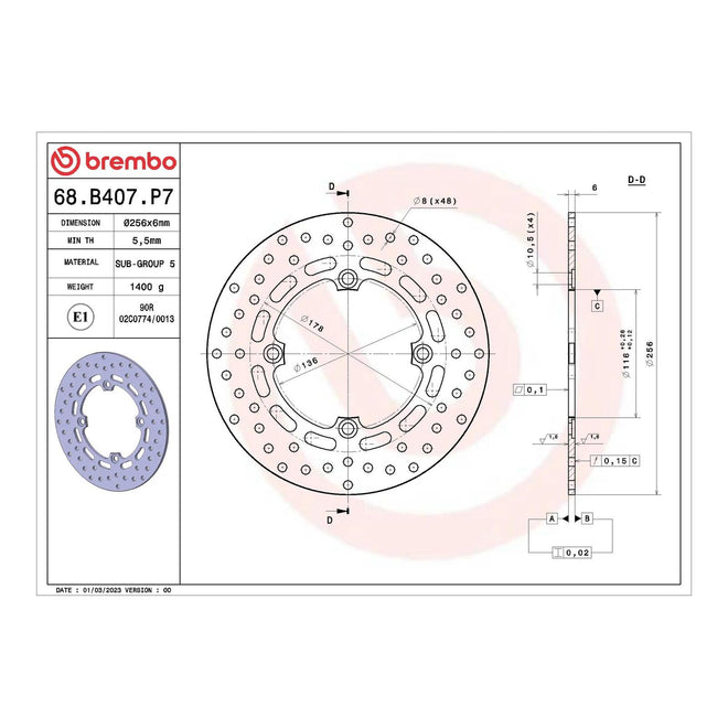 Brembo Prime Serie Oro Rear Brake Disc 68B407P7