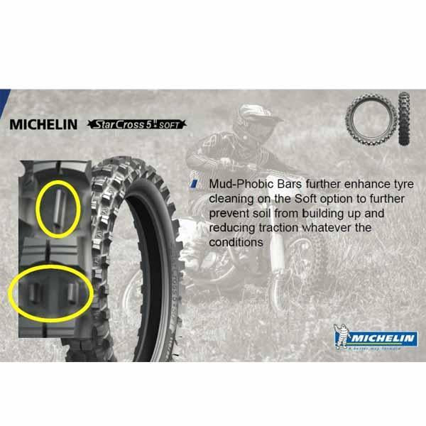 Michelin Starcross 5 - Soft compound has mud-phobic bars to further enhance tyre cleaning to further prevent soil from building up and reducing traction, whatever the conditions