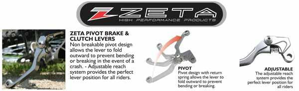 The Zeta Pivot brake and clutch levers have a non-breakable pivot design which allows the lever to fold outward to prevent bending or breaking in the event of a crash - available in 3 versions
